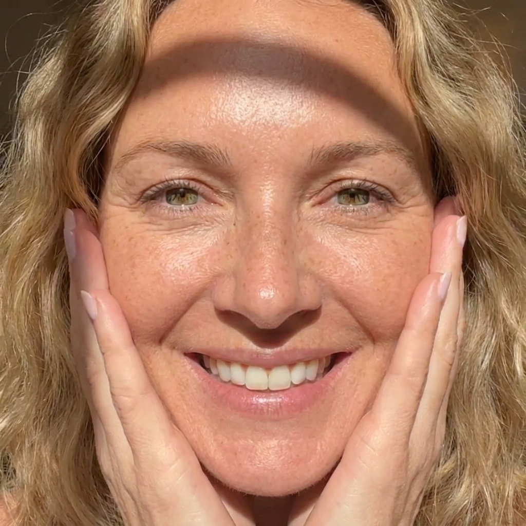 Mulher sorrindo com a pele firme e uniforme após o ensaio clínico