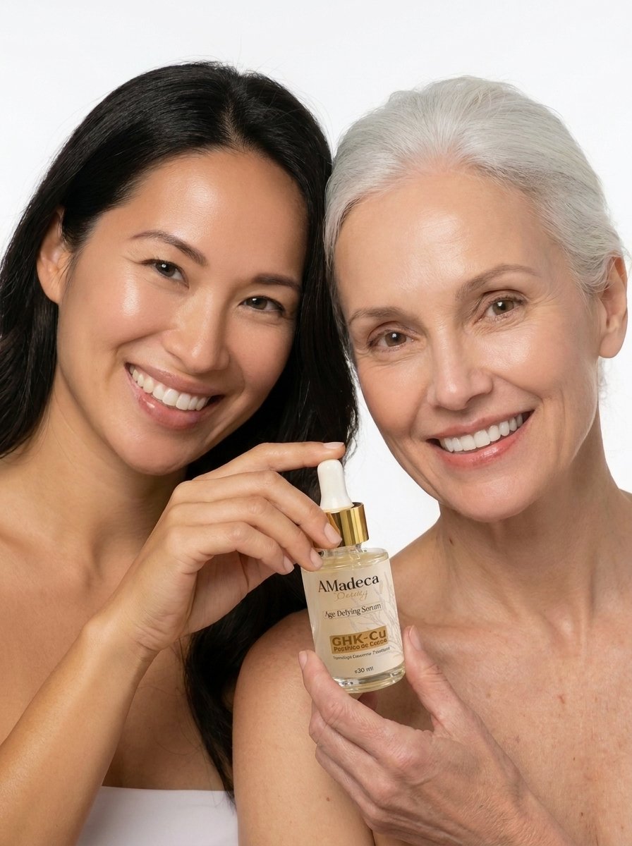 Duas mulheres sorrindo segurando o Sérum Age Defying GHK-Cu